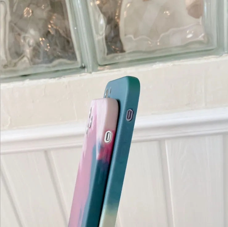 Soft silicone iPhone case with abstract oil painting gradient geometry design in blue, green, pink, purple colours