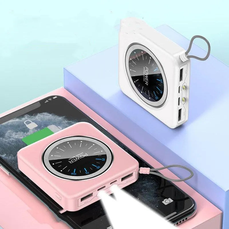 Compact alloy-cased portable power bank in mint green, showing multiple USB output ports.