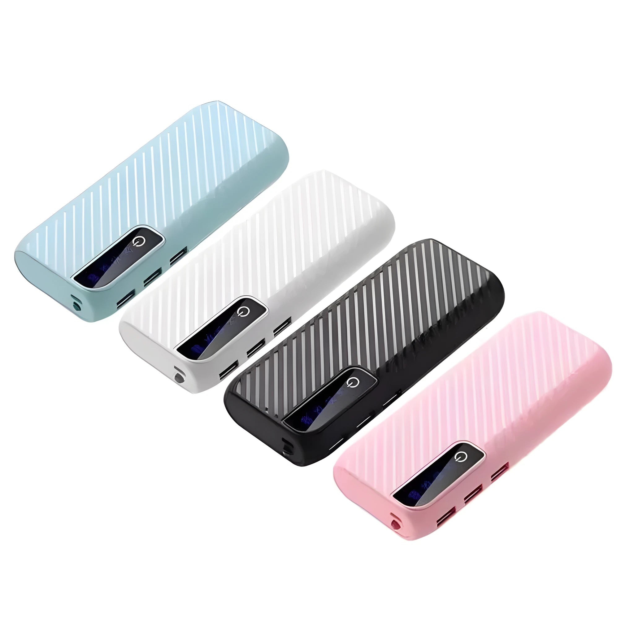 Black 20000mAh mini portable power bank showing USB ports and compact size.