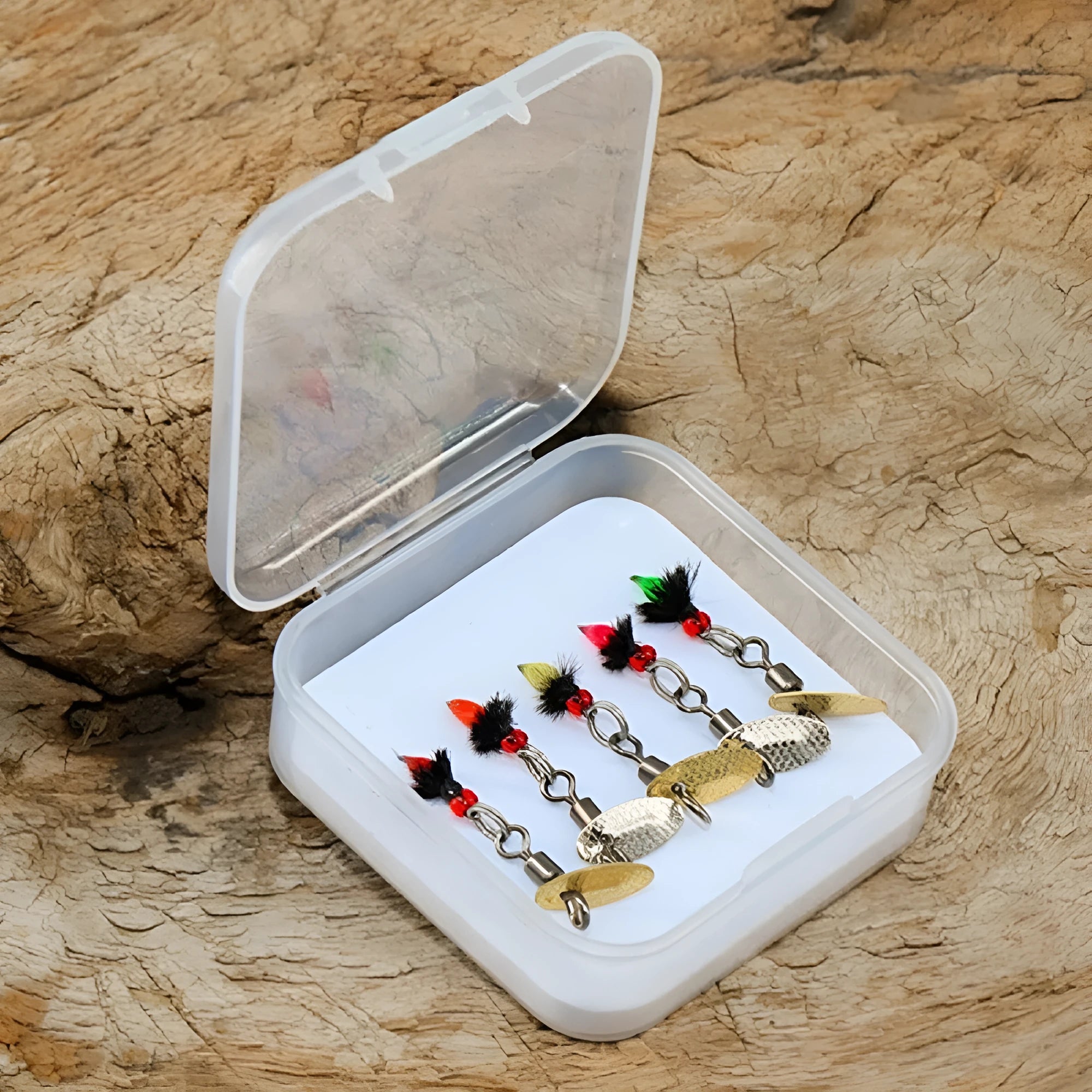 Five bionic poisonous mosquito fishing lures with spinning sequins in multicolour patterns