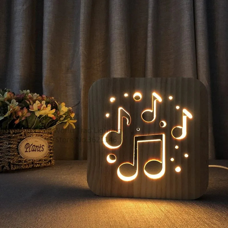 Pine wood cube LED atmosphere lamp with warm white glow, shown with USB cable.