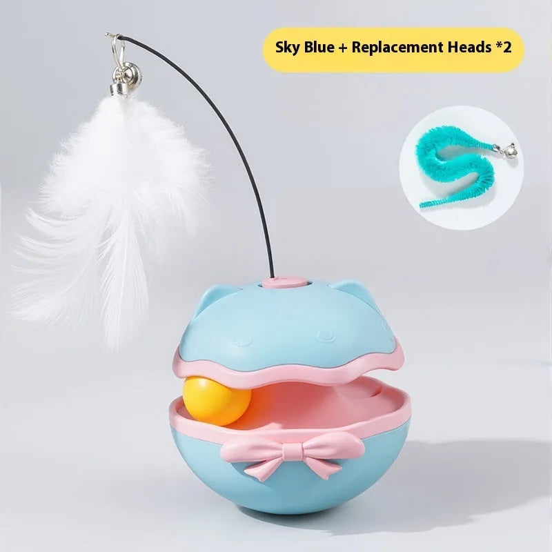 Electric cat toy tumbler teaser wand with LED lights in lemon yellow, sky blue, or soft fog grey.