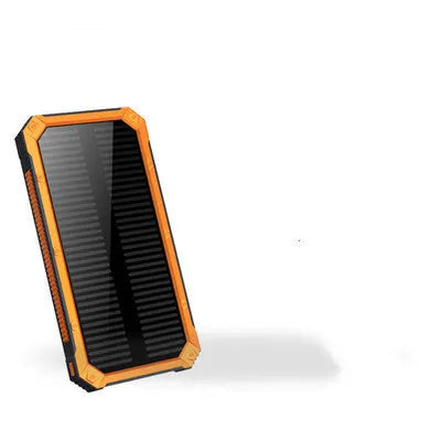 Solar power bank portable charger in black, green, orange, or yellow colours showing front and solar panel.