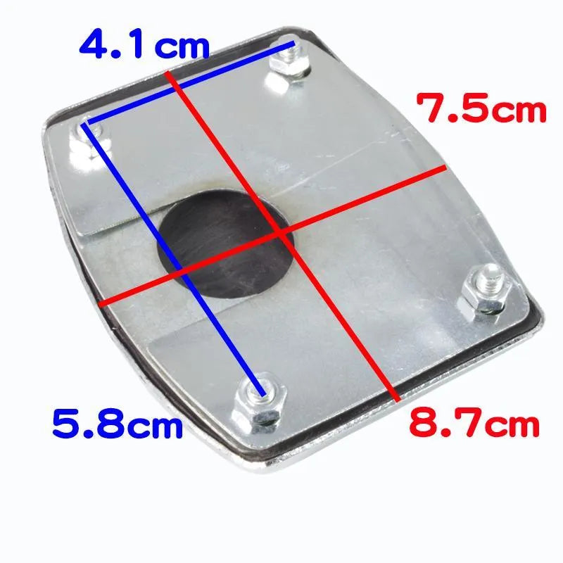 Metal motorcycle brake pedal skid plate replacement part shown in three design variants.