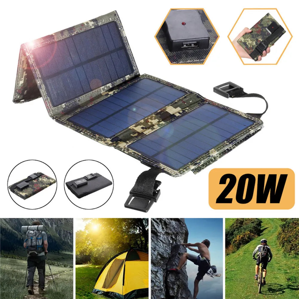 20W solar folding bag unfolded showing monocrystalline cells with USB output cables, camouflage colour