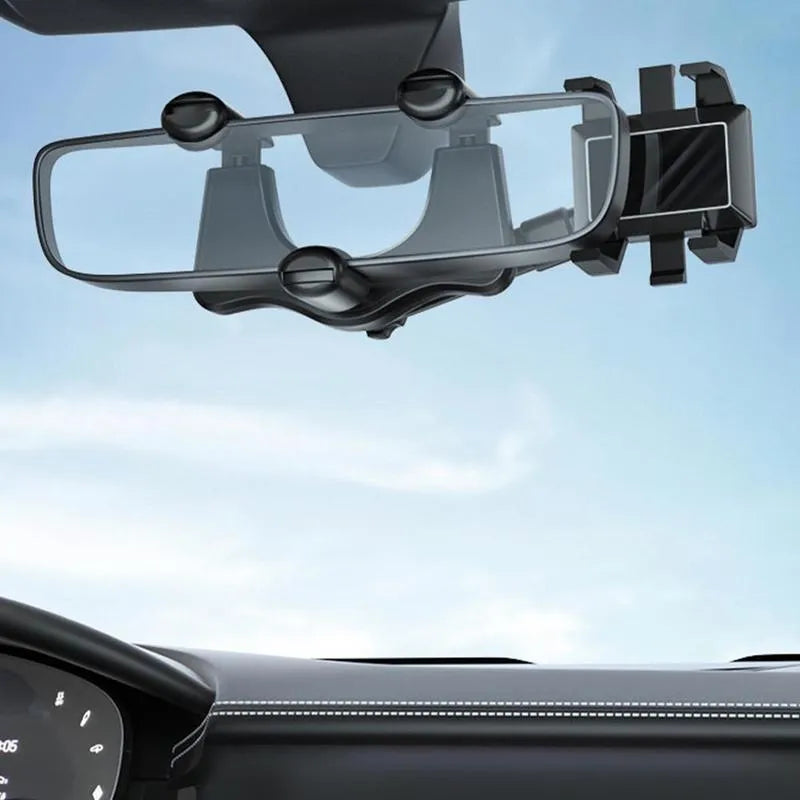 Black rearview mirror car phone holder with rotating head and telescopic arm extended.