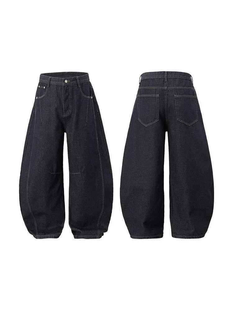 Men's wide leg denim trousers in original cow colour wash with mid waist rise