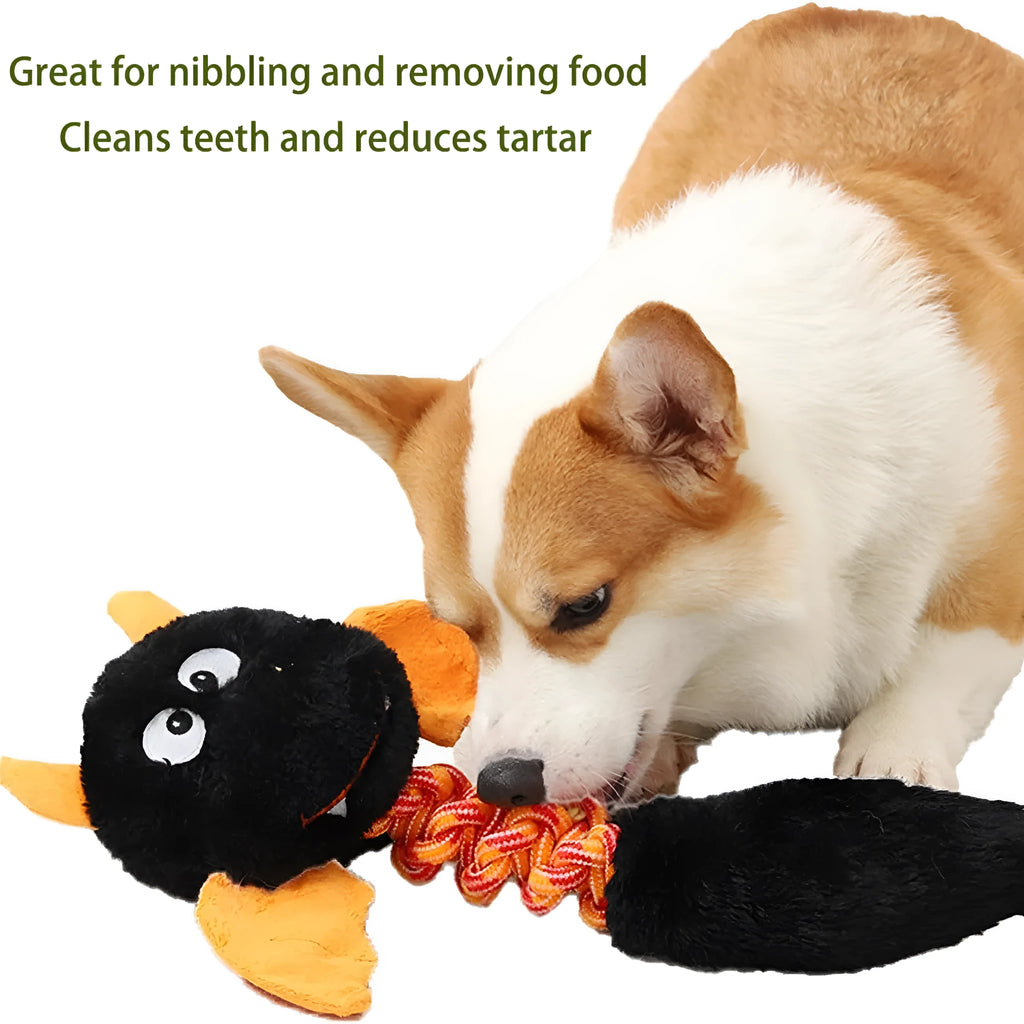 Plush cartoon dog toy with rope knot, shown in assorted colours for large dogs.