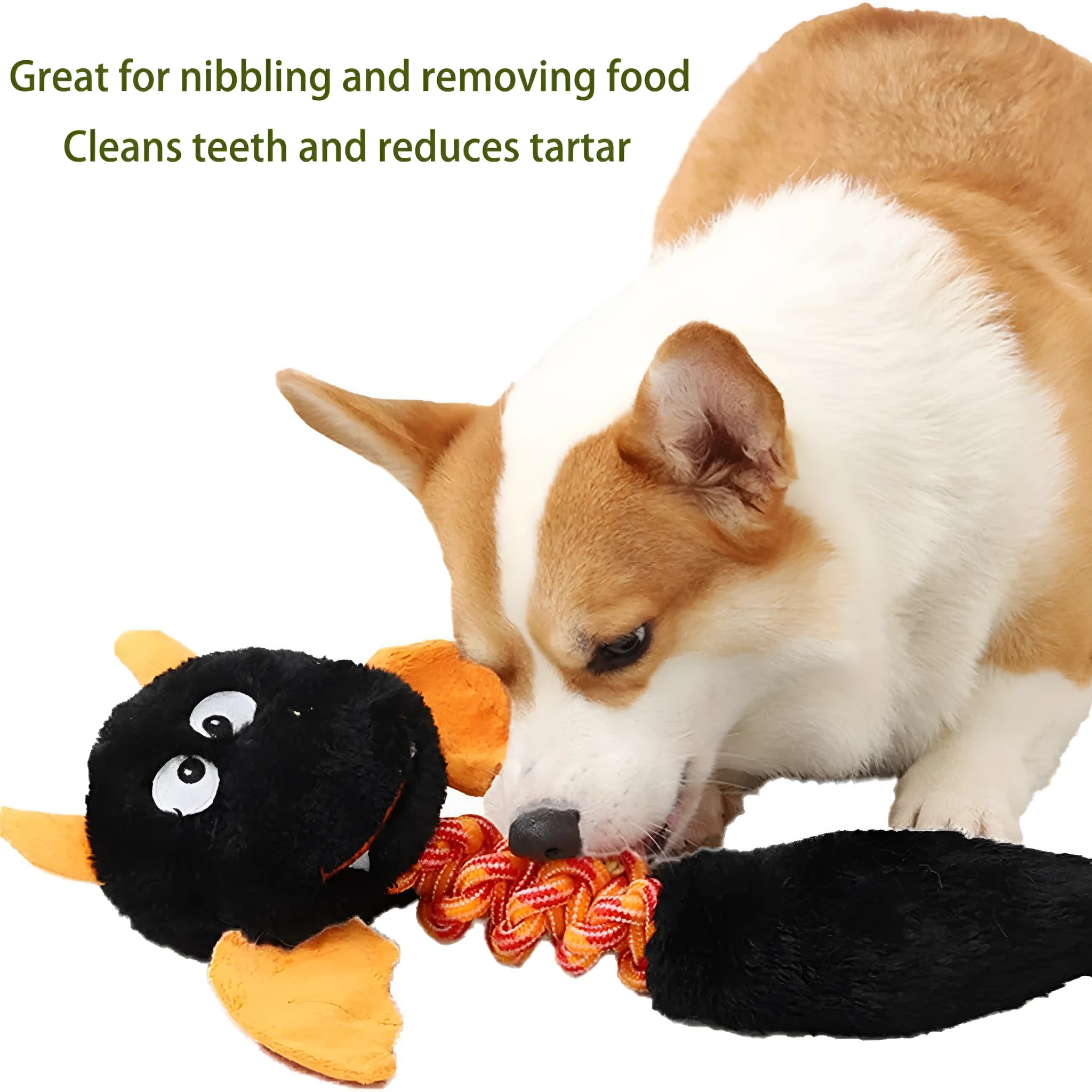 Plush cartoon dog toy with rope knot, shown in assorted colours for large dogs.