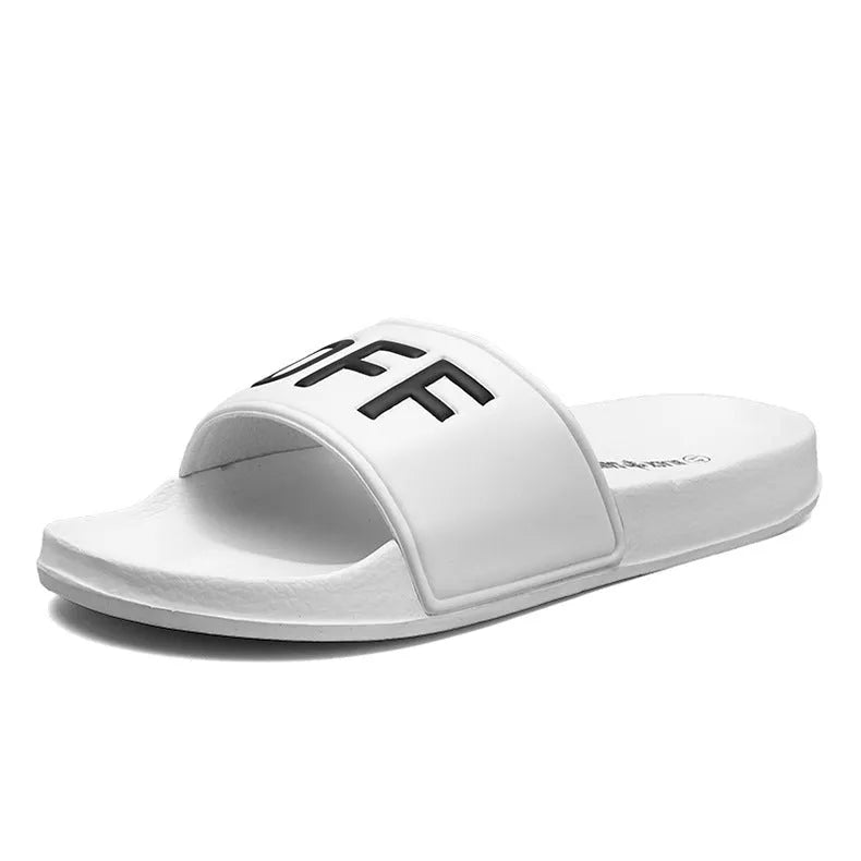 Men's large size open-toe slippers with a rubber sole, shown in black and white colour options.