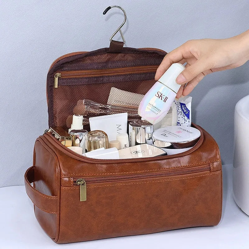 Large capacity men's waterproof cosmetic bag in upgraded high-grade PU brown colour with zip closure
