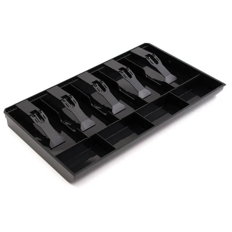 Five-drawer ABS plastic cash register box in black showing banknote and coin compartments