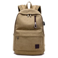 Canvas backpack with USB charging port showing coffee, grey, khaki, and black colour options