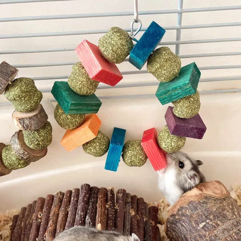 Small pet chew toy with straw ball ring design in colour sequin and applewood styles