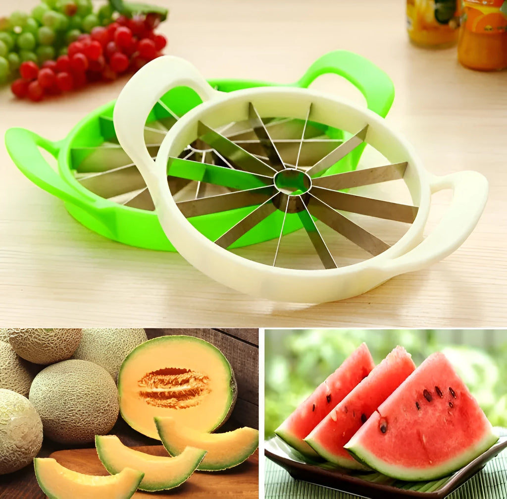 Green plastic melon slicer with stainless steel blades cutting a watermelon into wedges.