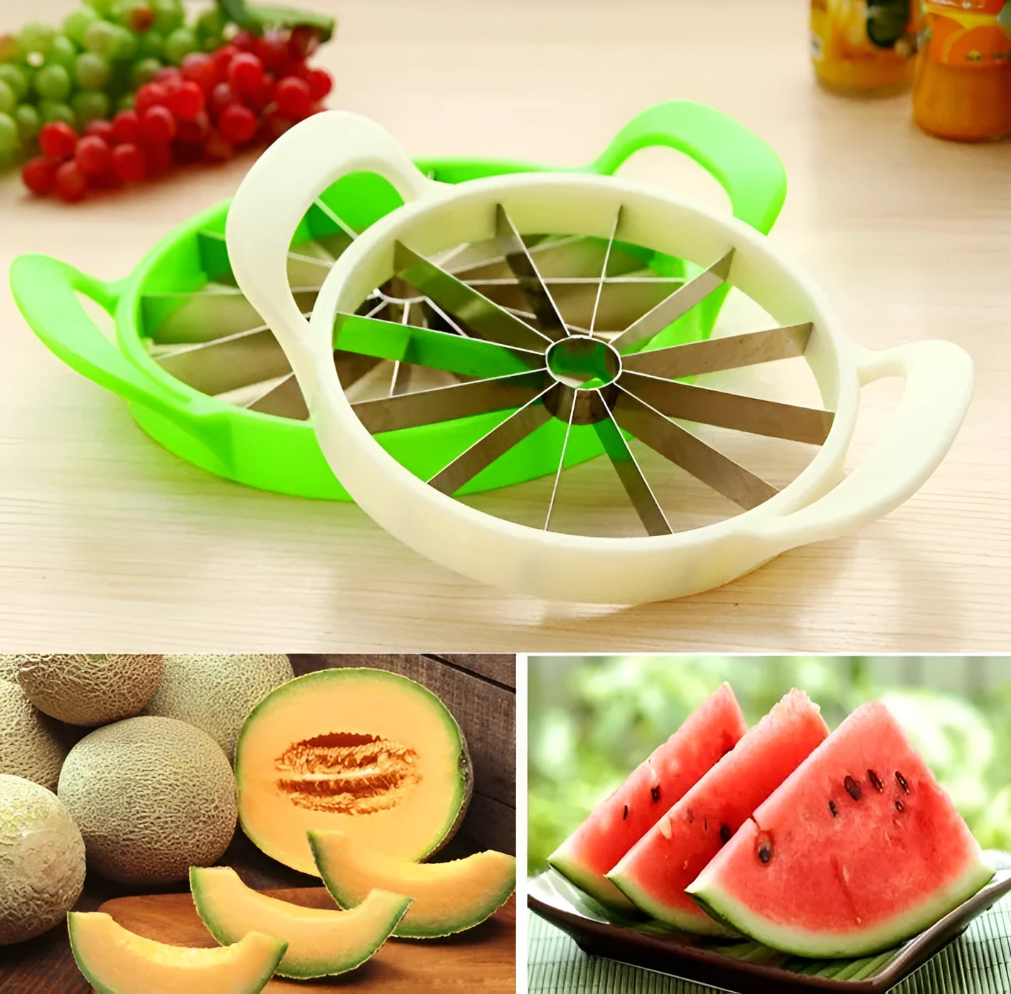 Green plastic melon slicer with stainless steel blades cutting a watermelon into wedges.