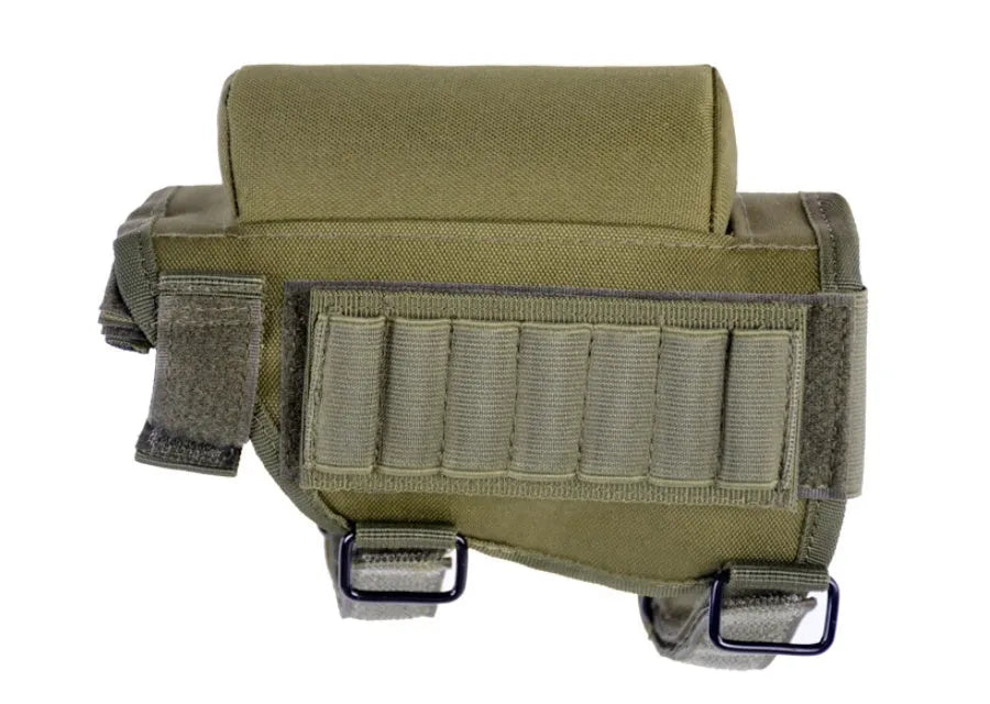 Adjustable buttstock cheek rest with non-slip padding pad and seven-round cartridge holder in army green