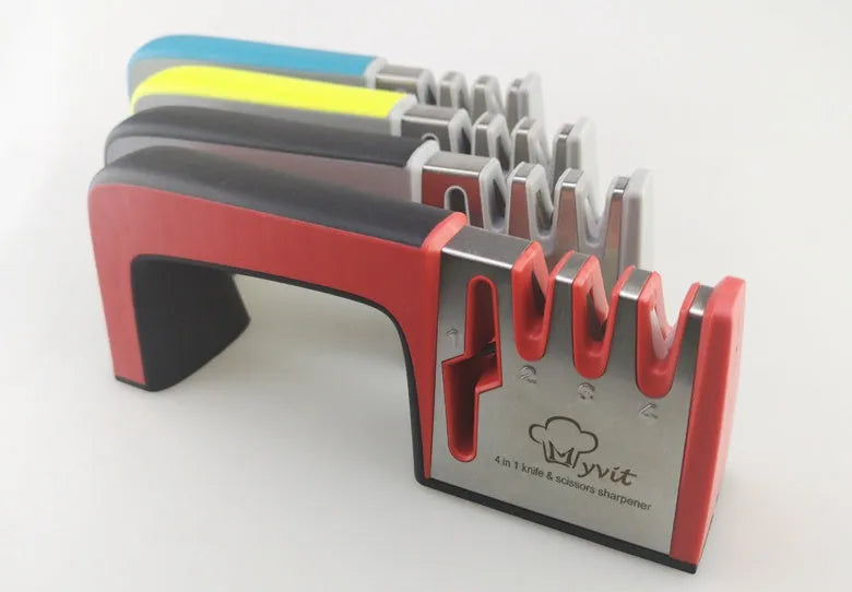4-in-1 kitchen knife sharpener in black plastic with multiple sharpening slots.