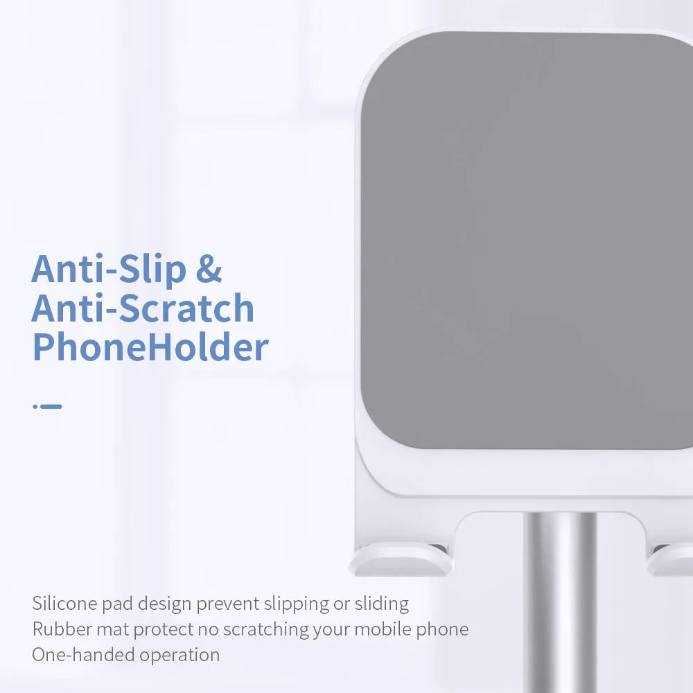 Silver white aluminium alloy mobile phone desktop stand holding a smartphone at an adjustable angle