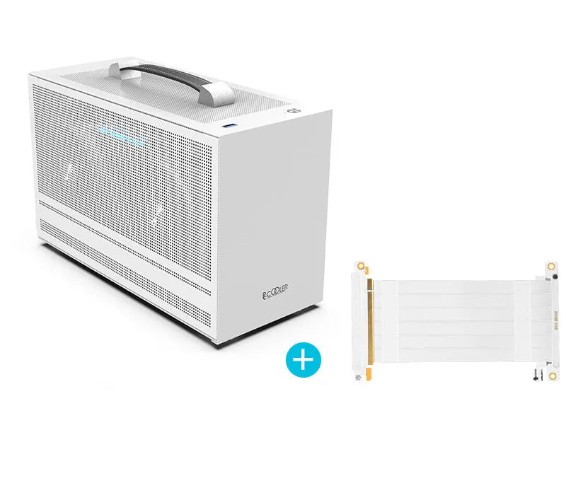 Hummingbird PRO titanium grey and white ITX desktop computer case for mini-ITX motherboard.