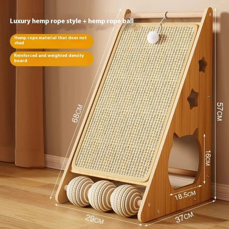 Vertical wall-mounted cat scratch board with sisal surface and a dangling jute rope tease ball.