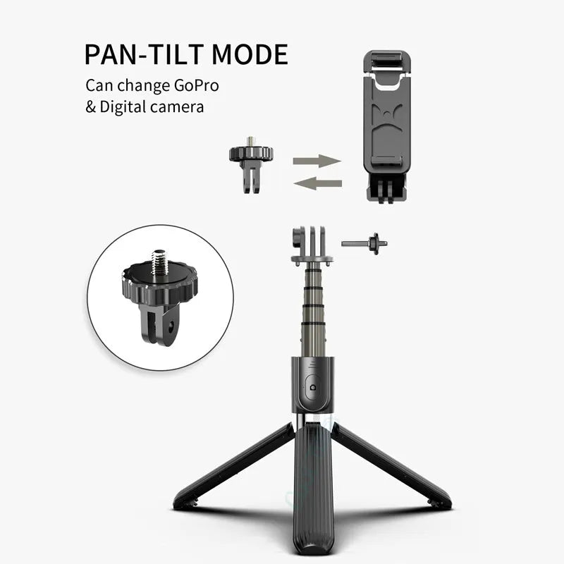 Black aluminium tripod selfie stick extended with Apple iPhone mounted on adjustable legs