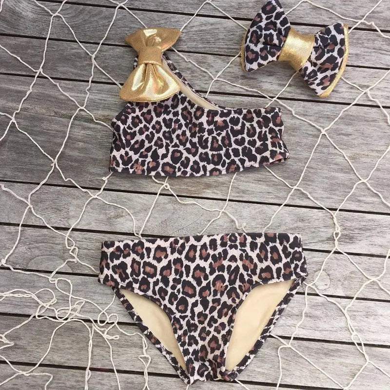 Kids baby girls leopard print one shoulder cotton blend swimsuit for summer beach pool