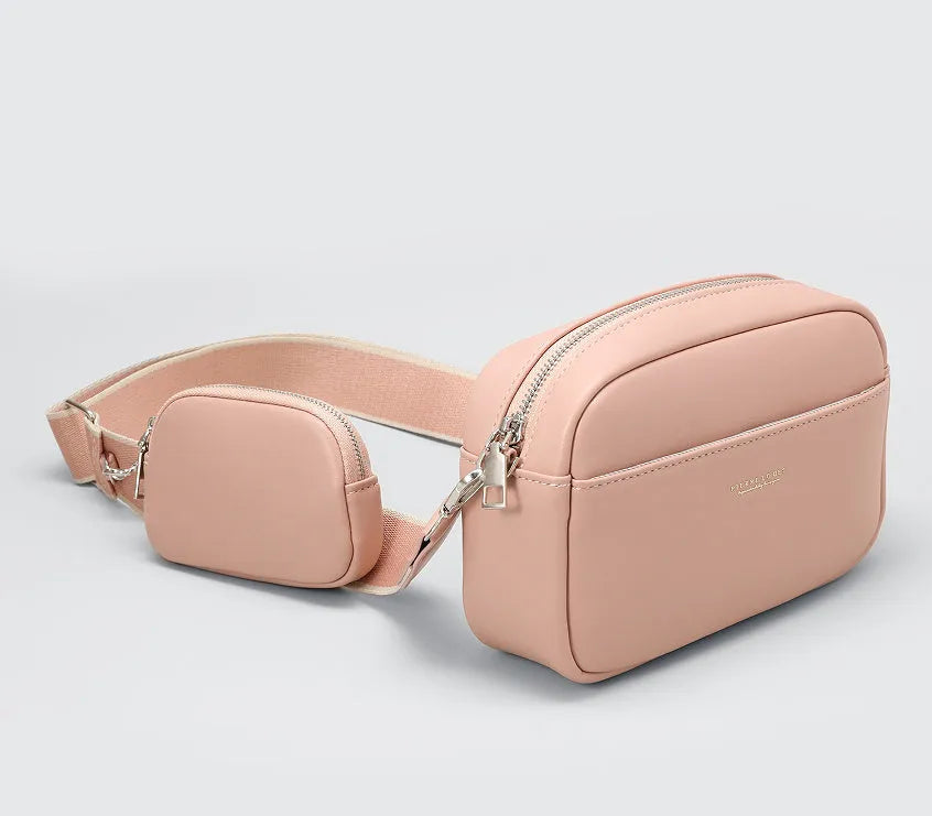 Women's simple PU shoulder messenger bag in apricot with woven and letter details, 21.5x7.5x14.5cm
