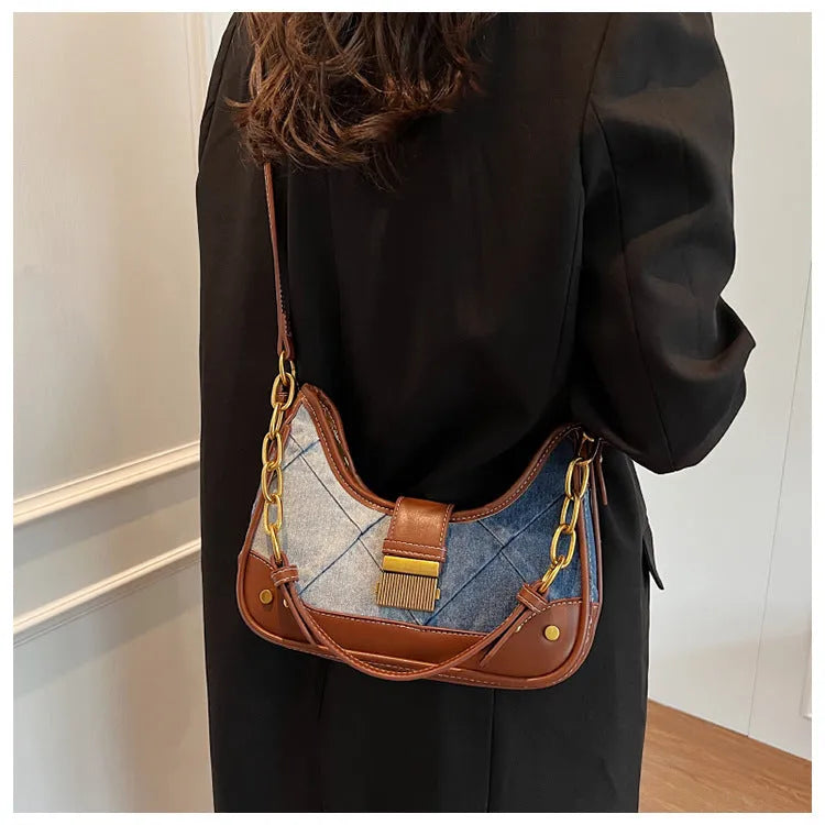 Brown denim women's shoulder bag with chain straps and diamond mesh decorative accents