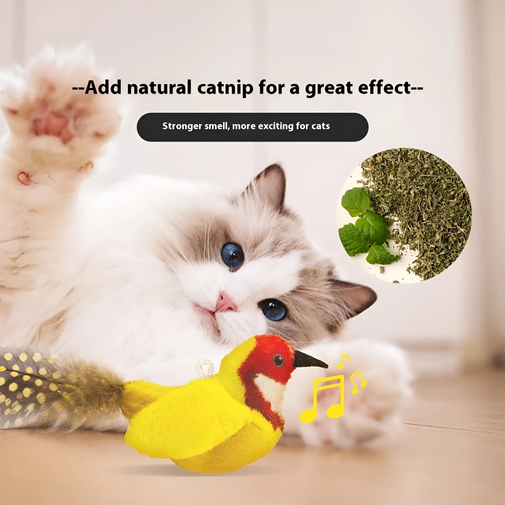 Simulated bird cat plush toy in blue kingfisher colour with lightweight plush construction