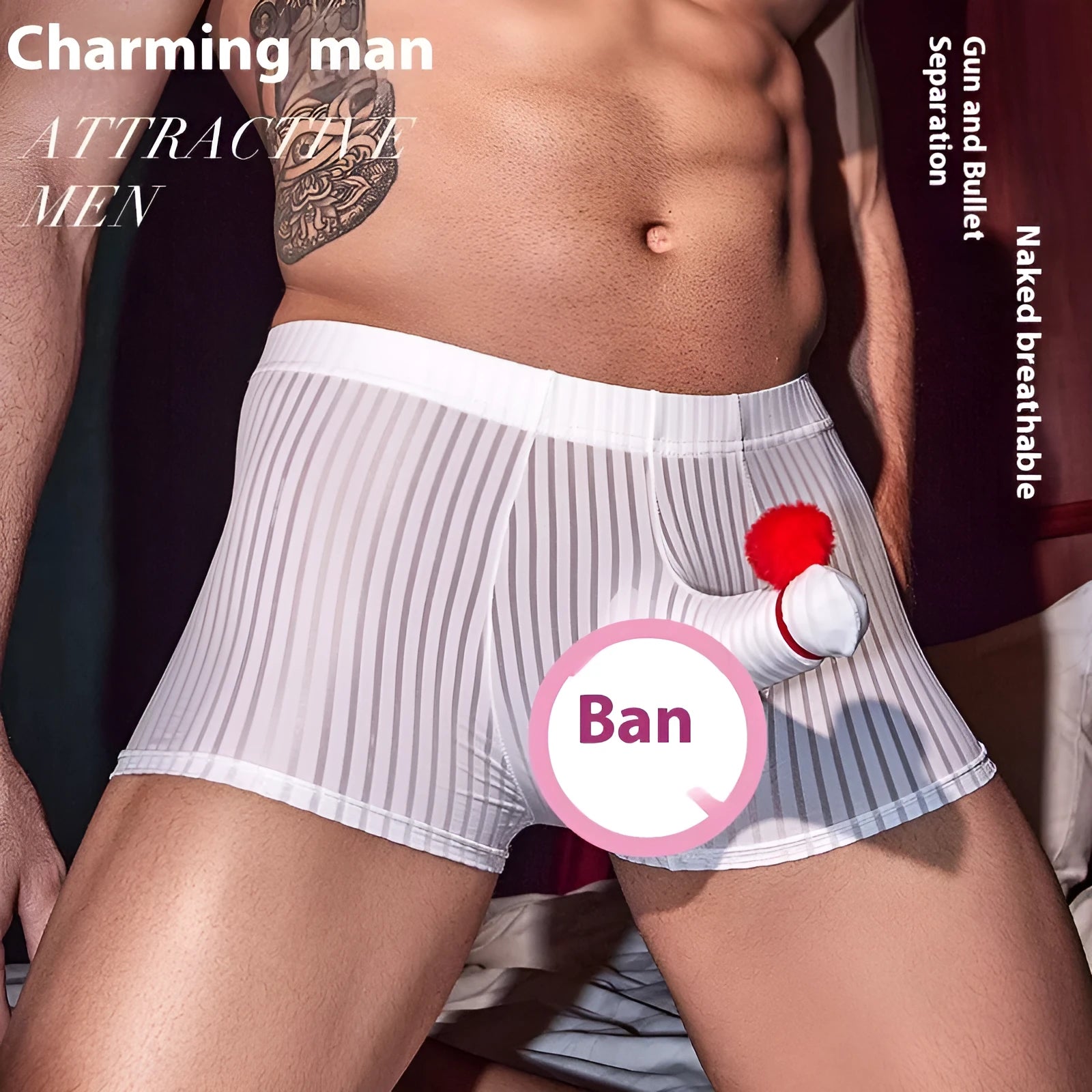 Men's black striped boxer briefs made from high-elastic nylon fabric.