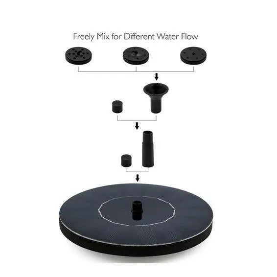 Black solar-powered garden fountain with four spray nozzles for bird baths and ponds