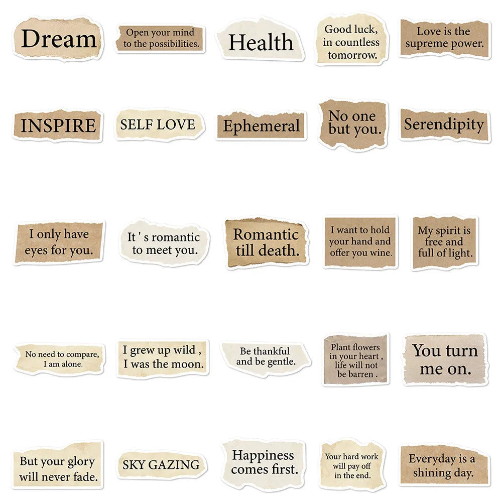 Set of 25 tear English design decorative stickers on a sheet, for laptops and notebooks.
