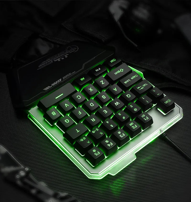 G40 black one-handed mechanical gaming keyboard with RGB backlit keys and a USB cable.