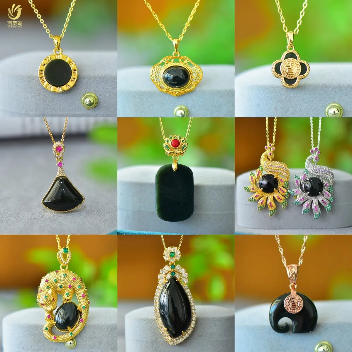 Natural Hetian jade flat pendant with copper inlay showing grey and ink blue stone variations on necklace