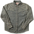 Aqua blue denim western shirt with geometric embroidery patterns and long sleeves