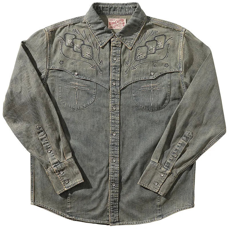 Aqua blue denim western shirt with geometric embroidery patterns and long sleeves