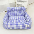 Car-mounted pet travel carrier in cloth fabric, available in grey or blue plaid, showing small and large size options