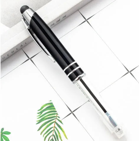 Multifunctional metal ballpoint pen with capacitive stylus tip and LED light in five colour options