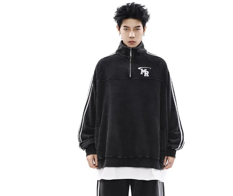 Black Hong Kong style polyester sweatshirt with stand collar design for sports and casual wear