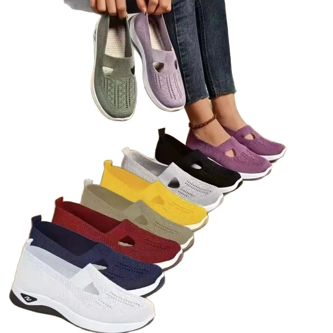 Women's solid colour T-strap mesh casual shoes with soft PVC soles in multiple colour options.