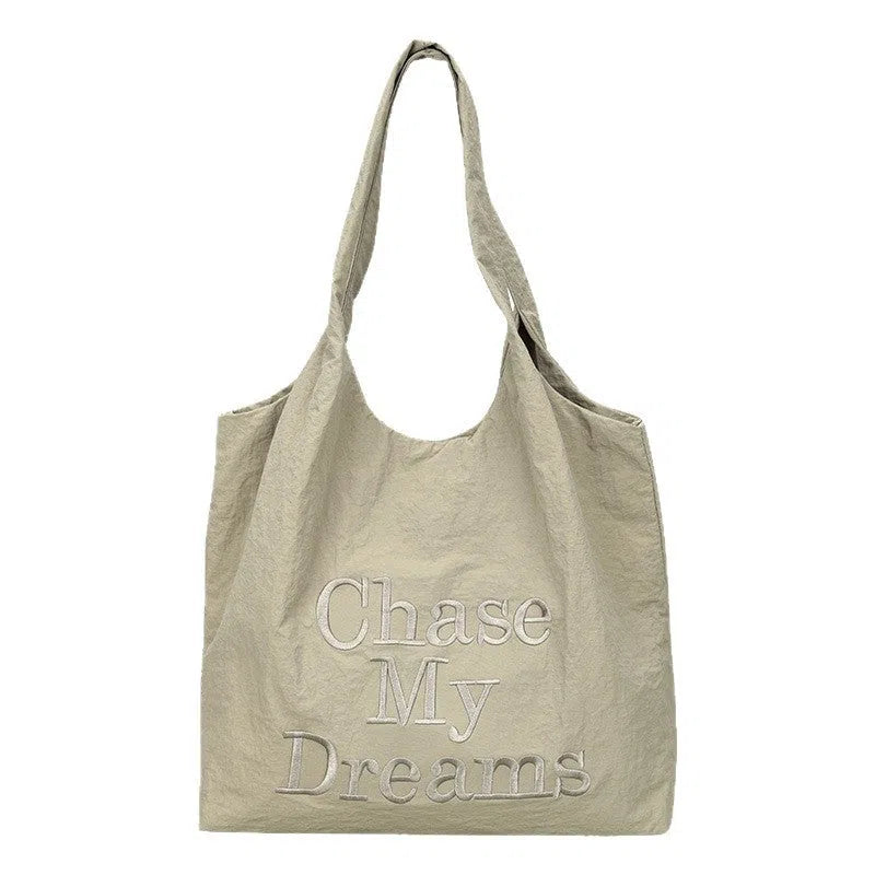 Korean-style 3D letter nylon shoulder bag with minimalist embroidery in horizontal rectangular shape, double straps, available in multiple colours