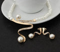 Gold electroplated pearl style necklace and earrings set with deep V clavicle design and drop pendant