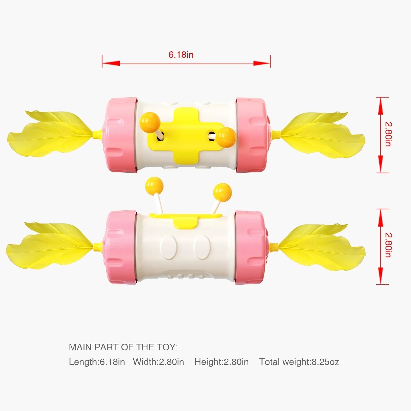 Interactive cat toy set with blue stick pole, feather ball, and yellow rolling tumbler puzzle on a floor.