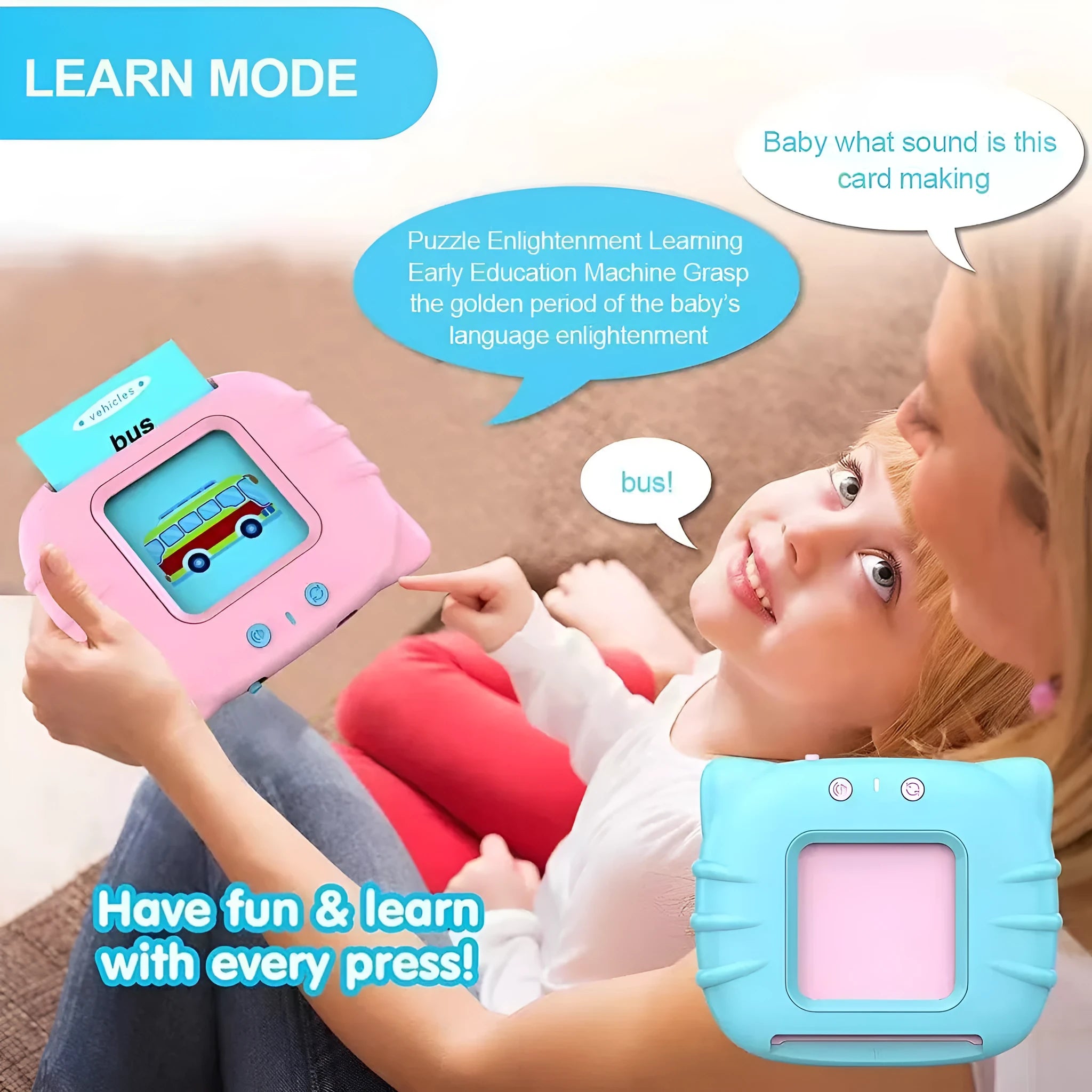 Children's English learning card with audio books showing blue colour option and card insertion