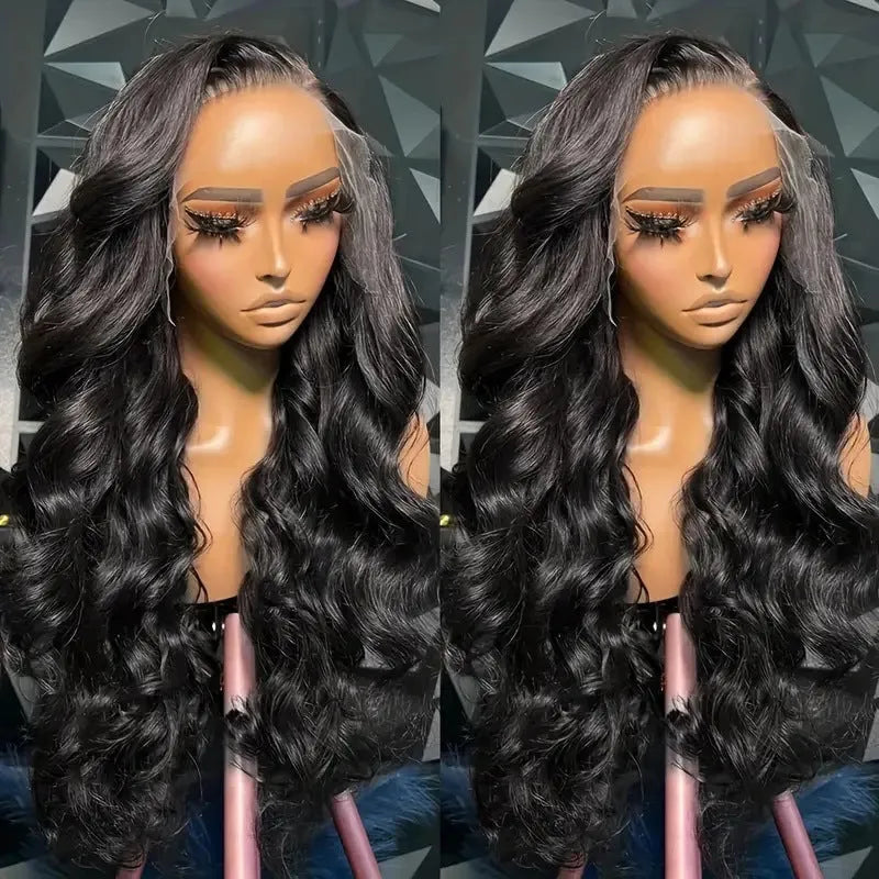 A woman wearing a black medium-length curly synthetic wig with full head coverage.