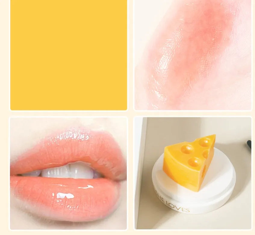 Pink cheese-shaped lip balm with Vitamin E and cream scent in open case with brush applicator