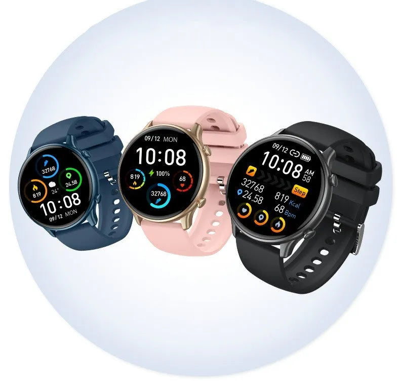 Round smart sports watch with touch screen showing heart rate display on black silicone strap