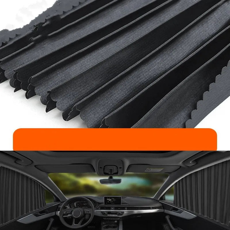 Auto retractable car sun curtain in thick opaque cloth material for heat insulation