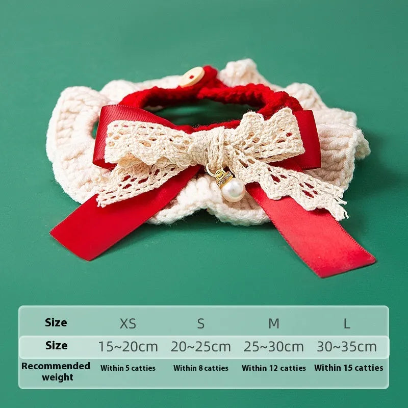 Hand-woven milk cotton Christmas pet collar with adjustable sizing for cats in festive bowknot design
